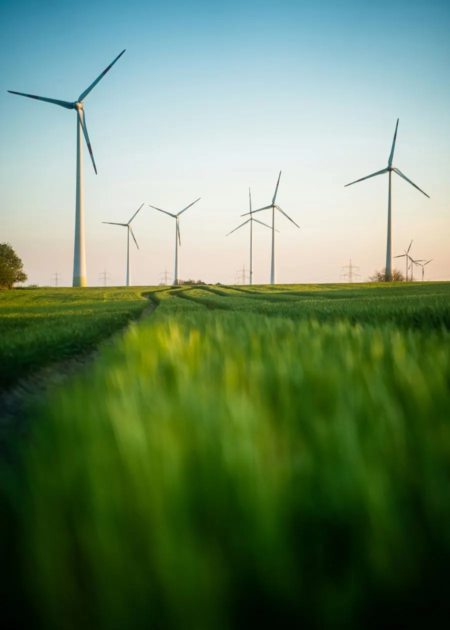 Wind turbines beside a green field