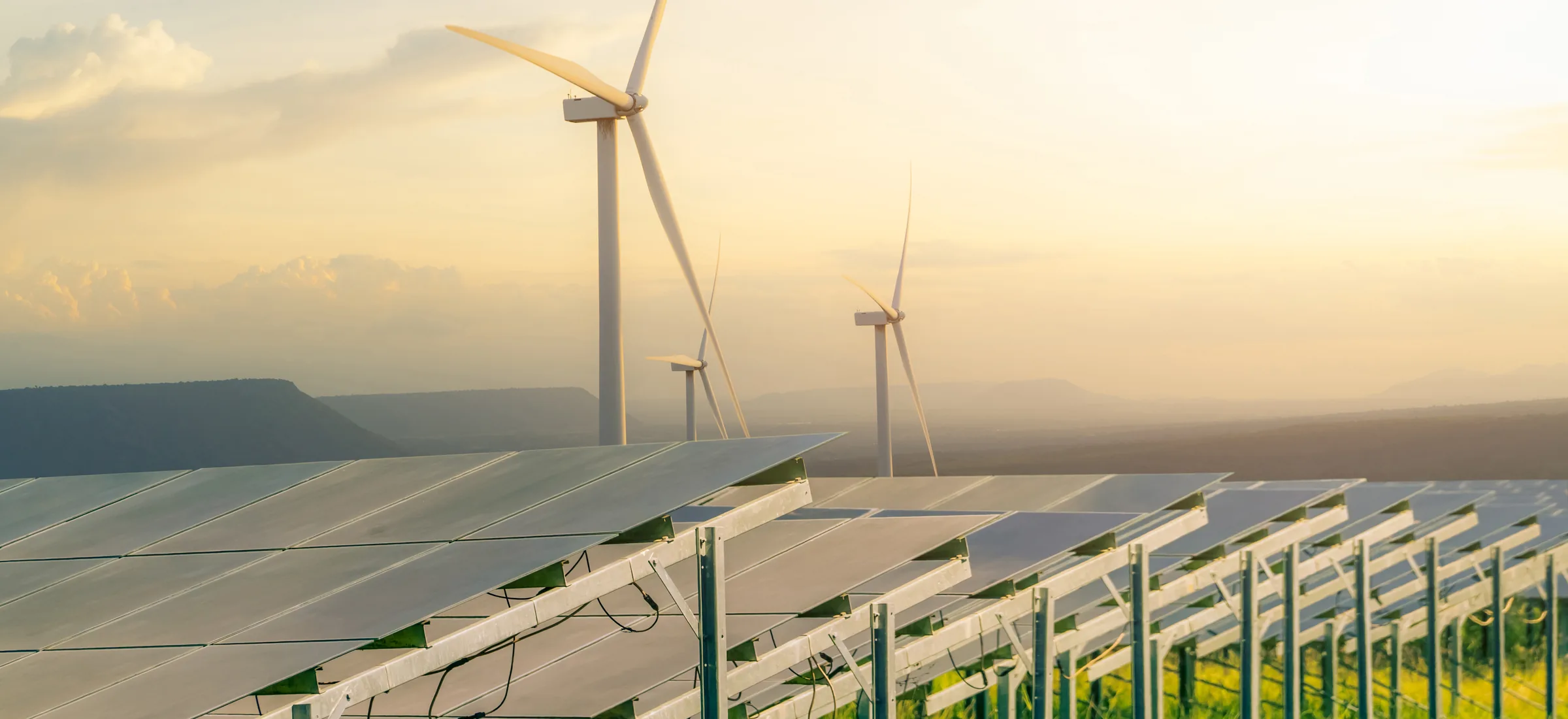 Wind turbines and solar panels in a grassy field at sunset