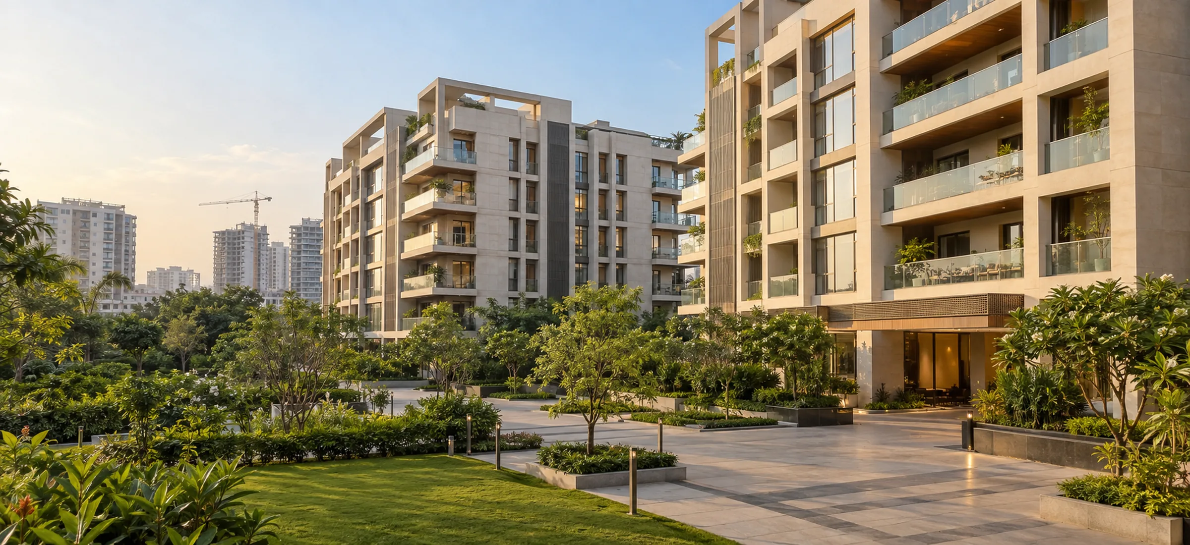 Modern residential buildings and landscaped gardens in warm afternoon light